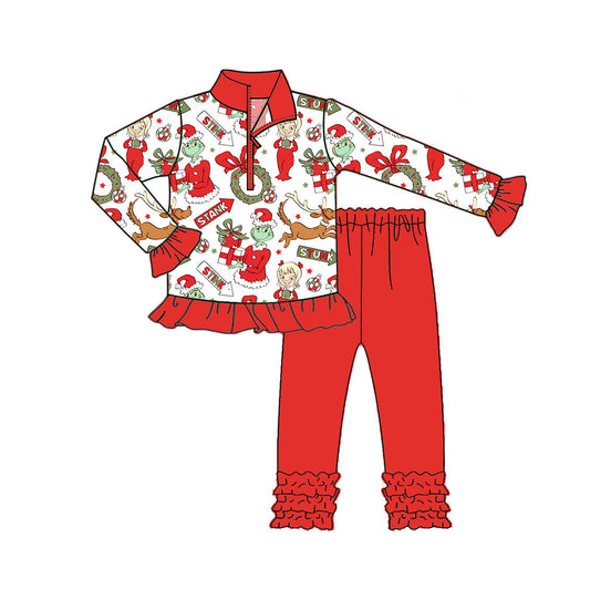 ( Moq 5 ) Preorder Baby Girl Long Sleeves Green Face Dogs Zipper Shirt Red Pants Christmas Set