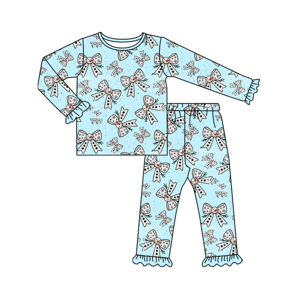 ( Moq 5 ) Preorder Baby Girl Long Sleeves Snowman Bows Shirt Pants Christmas Pajamas Blue Set