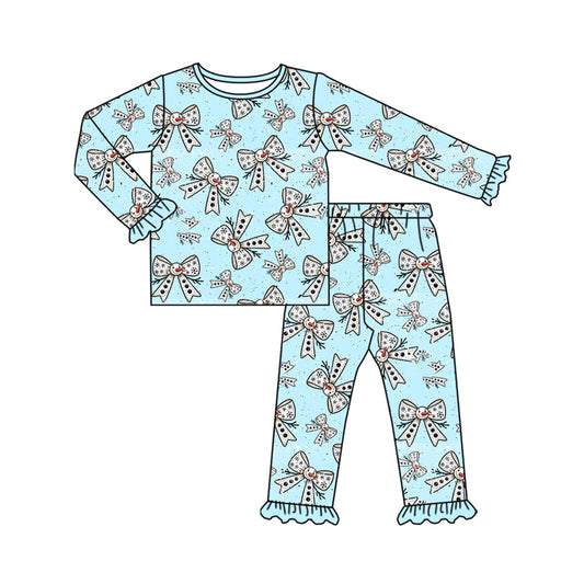 ( Moq 5 ) Preorder Baby Girl Long Sleeves Snowman Bows Shirt Pants Christmas Pajamas Blue Set