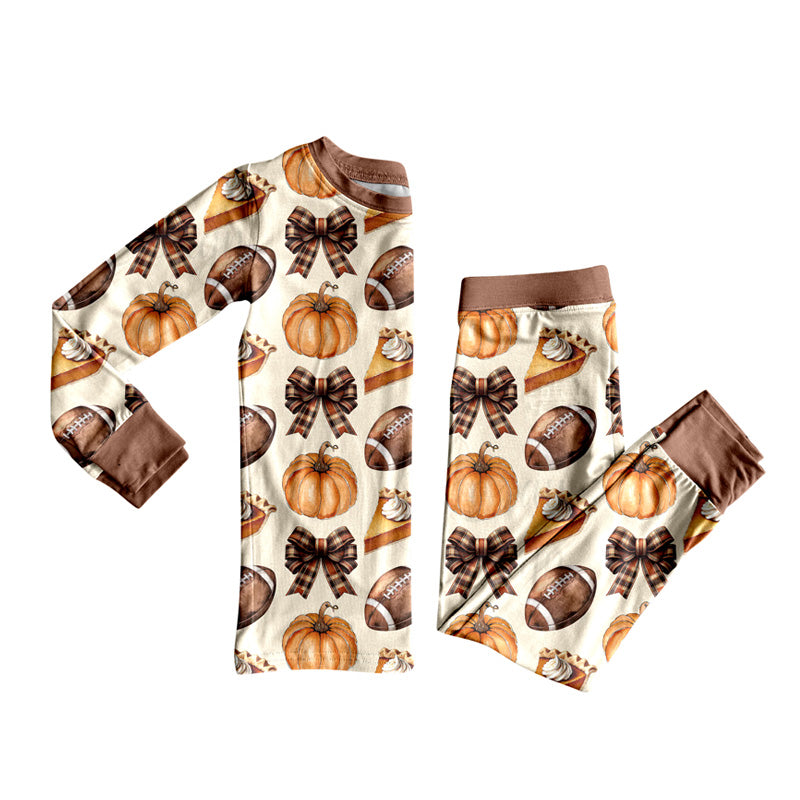 ( Moq 5 ) Preorder Baby Girl Long Sleeves Pumpkins Pie Football Bows Shirt Pants Pajamas Set