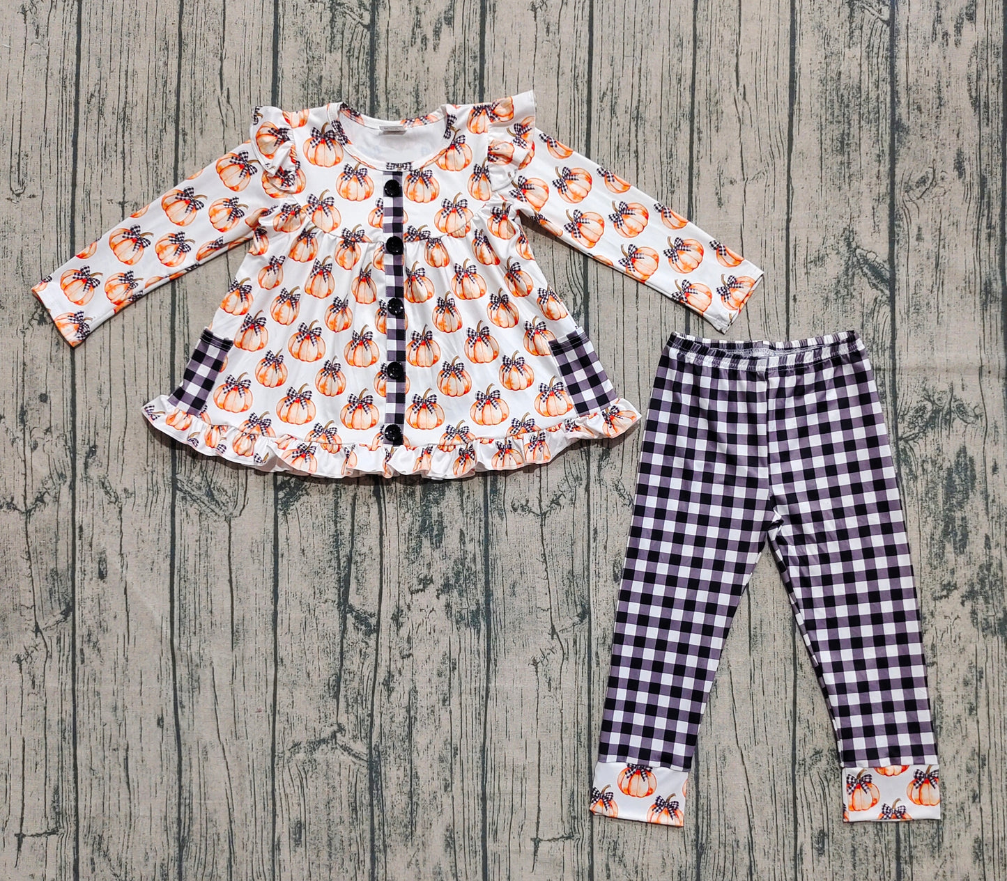 Baby Girl Long Sleeves Pumpkins Bows Pockets Tunic Plaid Pants Fall Set RTS