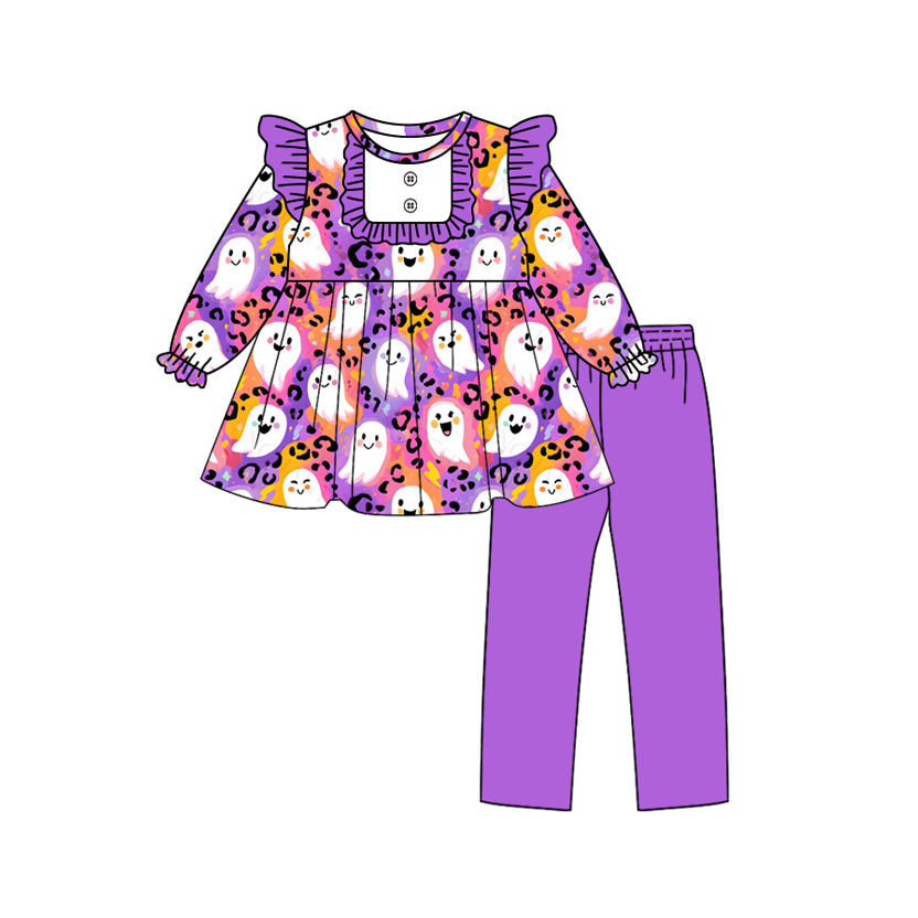 ( Moq 5 ) Preorder Baby Girl Long Sleeves Ghost Leopard Tunic Purple Pants Halloween Set