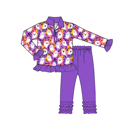 ( Moq 5 ) Preorder Baby Girl Long Sleeves Ghost Leopard Zipper Shirt Purple Pants Halloween Set