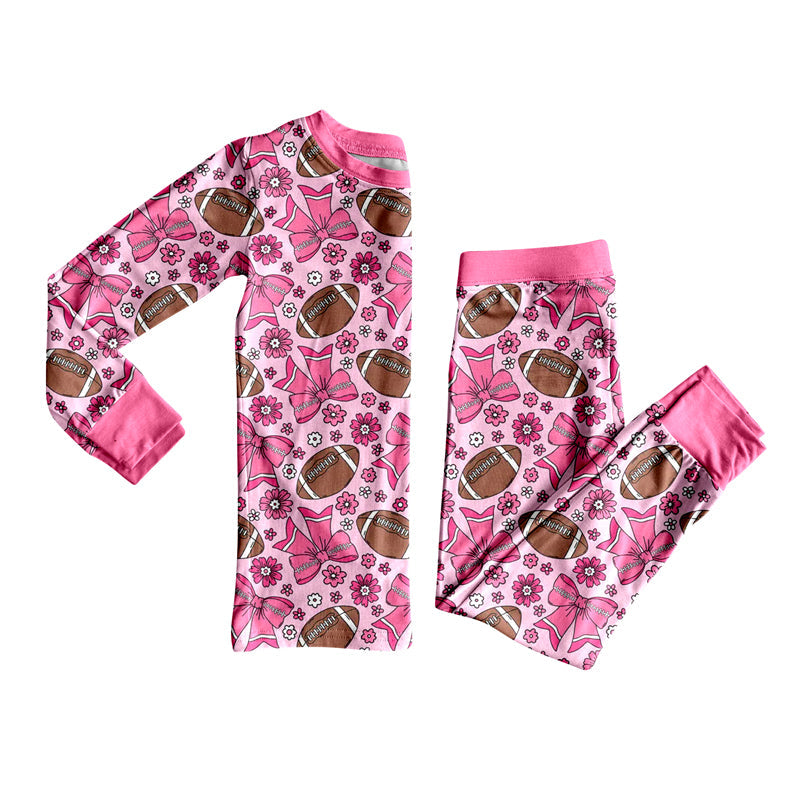 ( Moq 5 ) Preorder Baby Girl Long Sleeves Football Bows Flower Pink Shirt Pants Pajamas Set