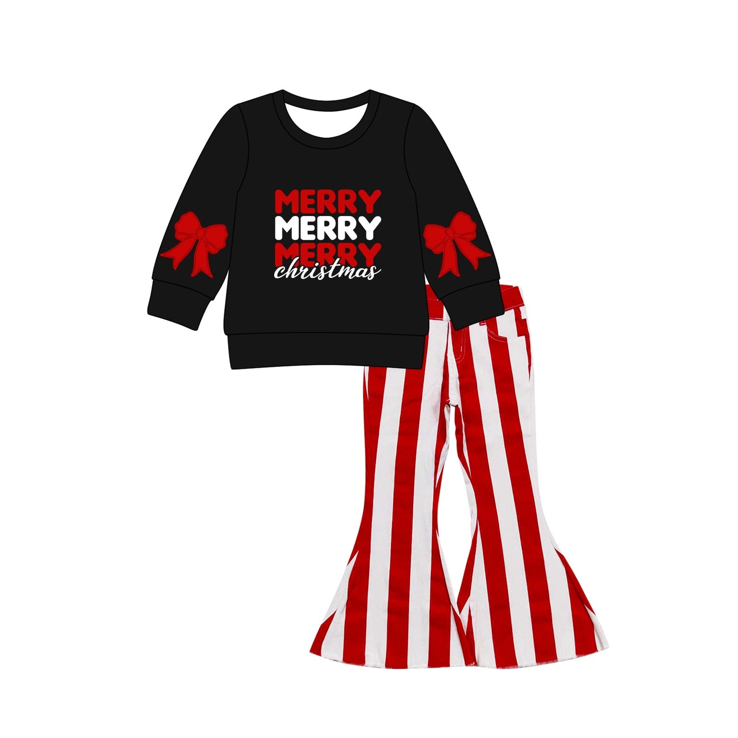 ( Moq 5 ) Preorder Baby Girl Bows Long Sleeves Merry Christmas Black Shirt Stripes Denim Pants Set