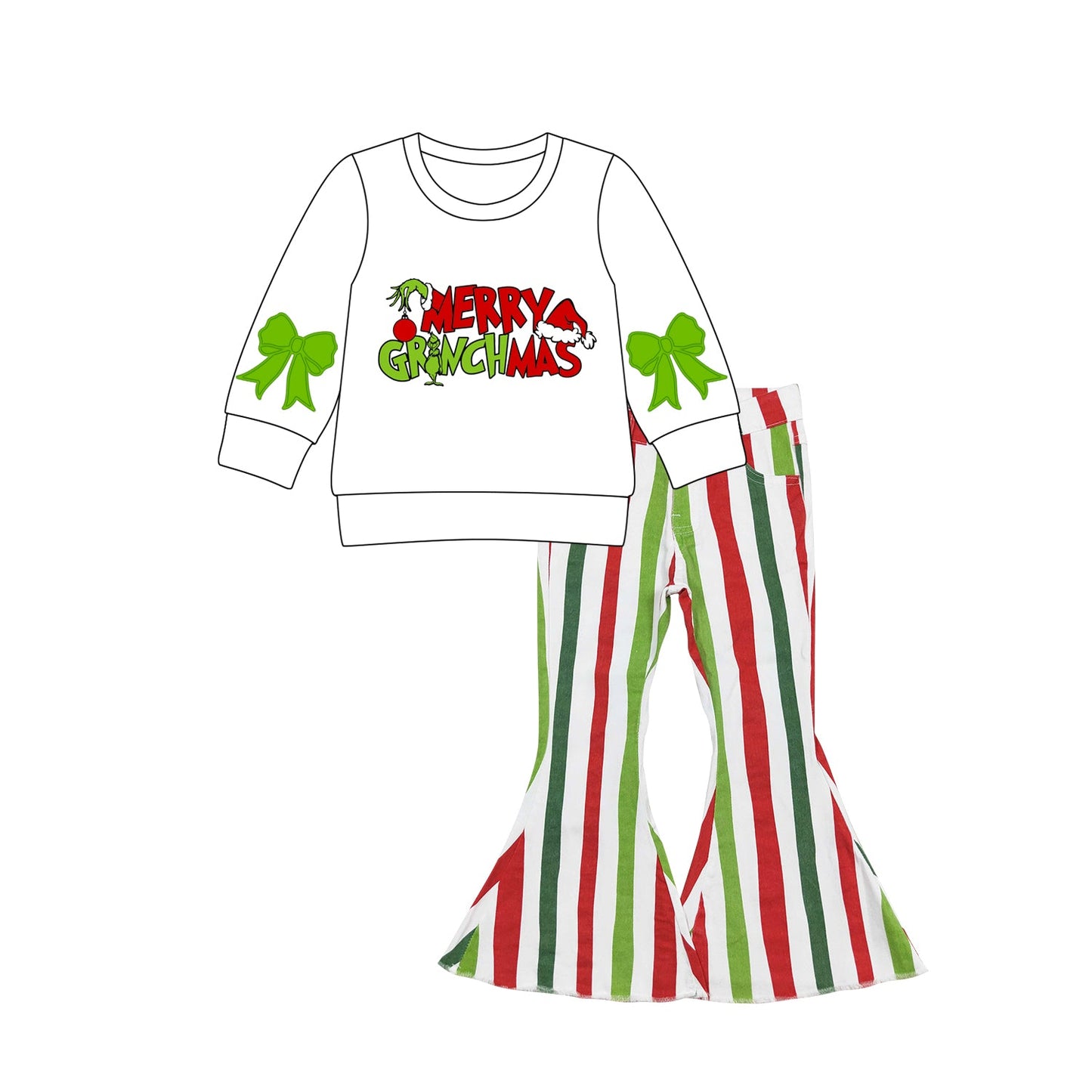 ( Moq 5 ) Preorder Baby Girl Bows Long Sleeves Merry Christmas White Shirt Stripes Denim Pants Set