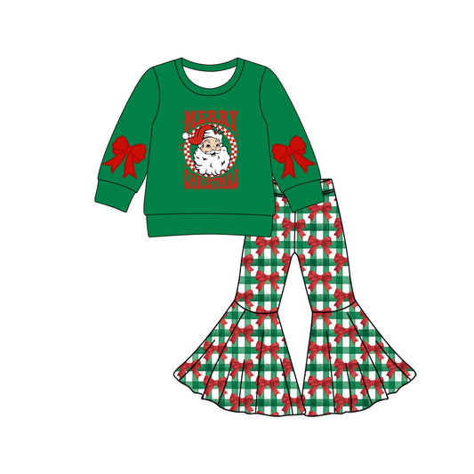 ( Moq 5 ) Preorder Baby Girl Bows Long Sleeves Santa Green Shirt Plaid Bell Pants Christmas Set
