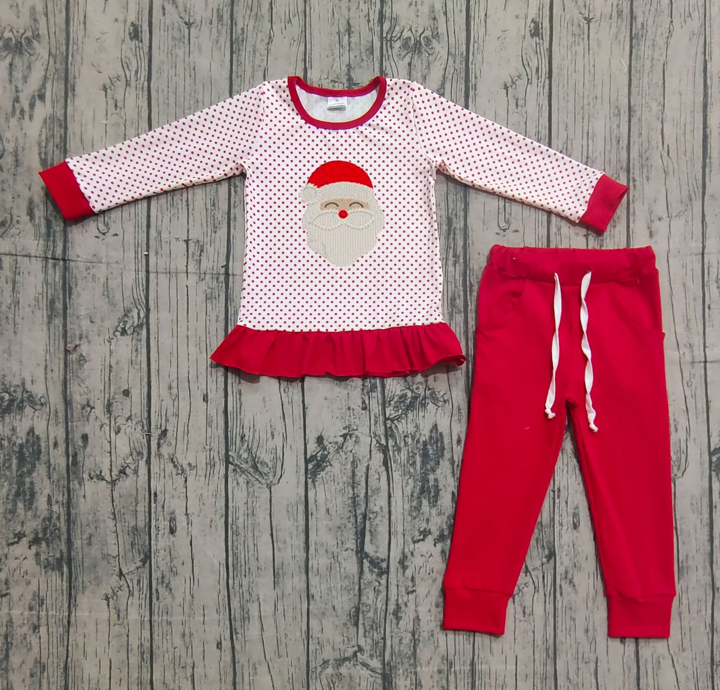 ( No moq ) Preorder Baby Girl Long Sleeves Embroidery Santa Dots Ruffle Shirt Pockets Pants Christmas Set