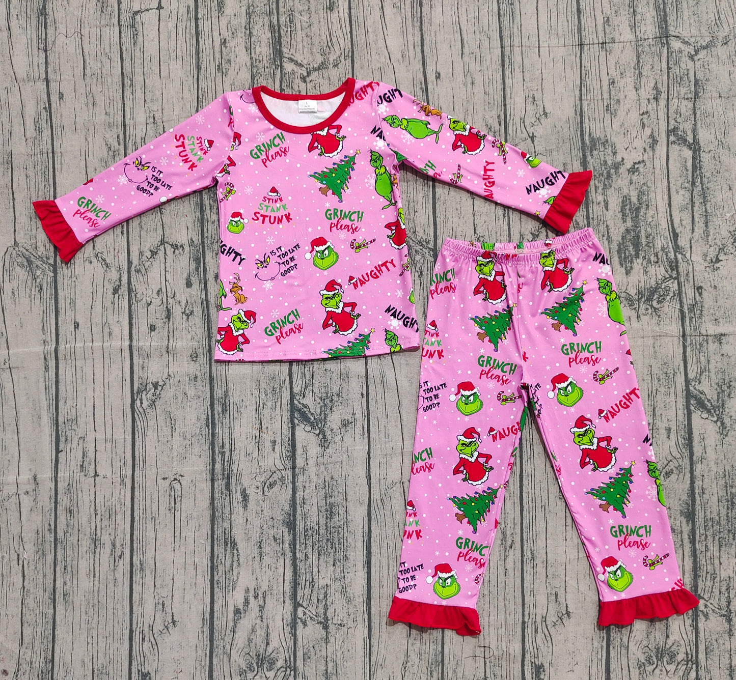 Baby Girl Long Sleeves Green Face Tree Shirt Pants Christmas Pajamas Set RTS