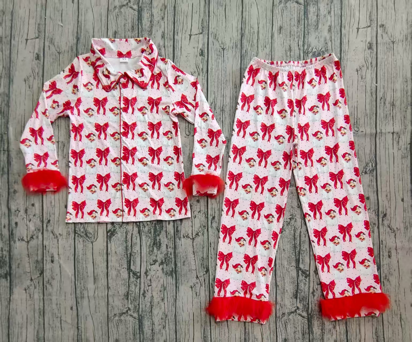Adult Woman Red Fur Long Sleeves Santa Bows Buttons Shirt Pants Christmas Pajamas Set RTS