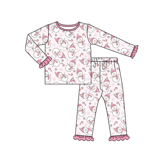 ( Moq 5 ) Preorder Baby Girl Long Sleeves Snowman Shirt Pants Christmas Pink Pajamas Set