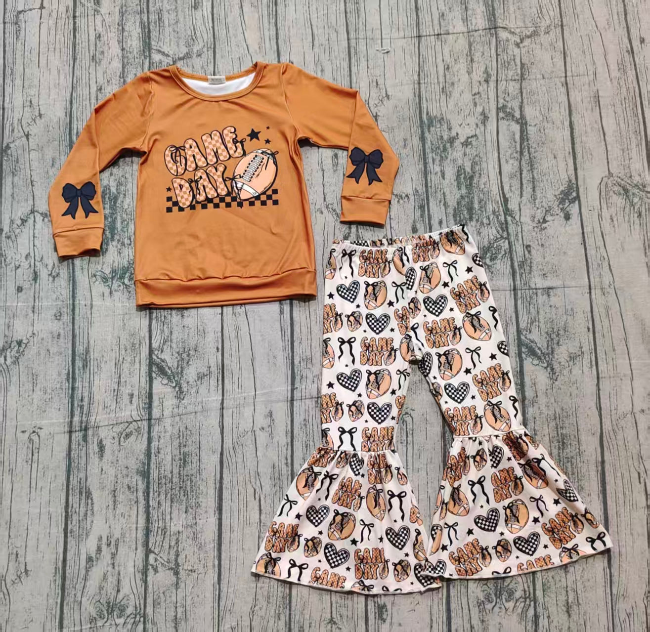 Baby Girl Long Sleeves Game Day Brown Shirt Football Bows Pants Set RTS