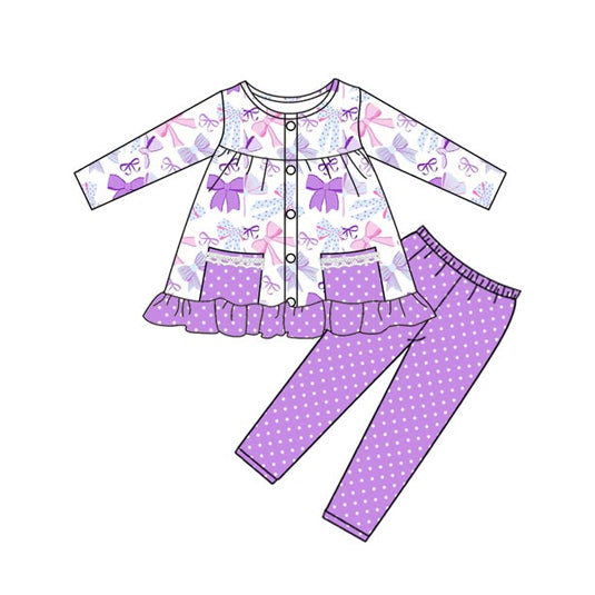 ( Moq 5 ) Preorder Baby Girl Long Sleeves Bows Pockets Tunic Dots Purple Pants Set