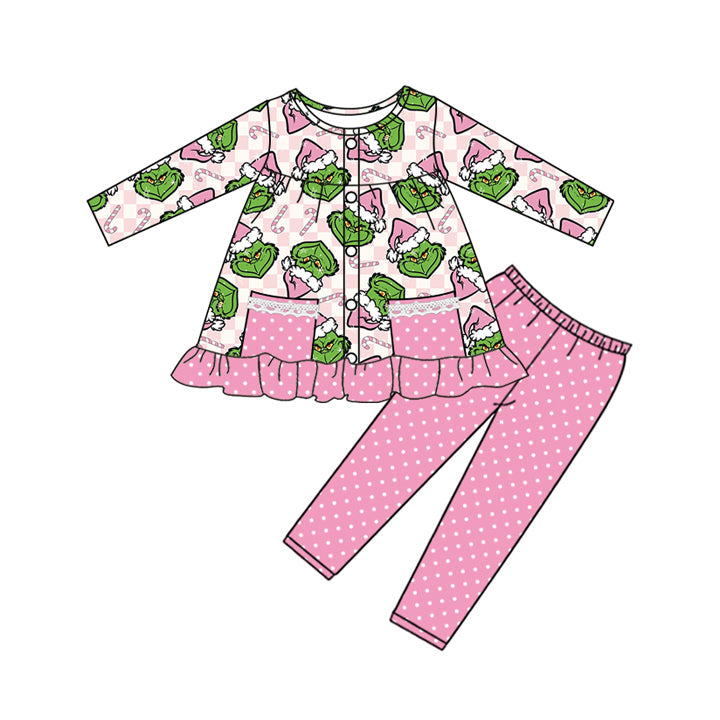 ( Moq 5 ) Preorder Baby Girl Long Sleeves Green Face Pockets Tunic Dots Pink Leggings Christmas Set