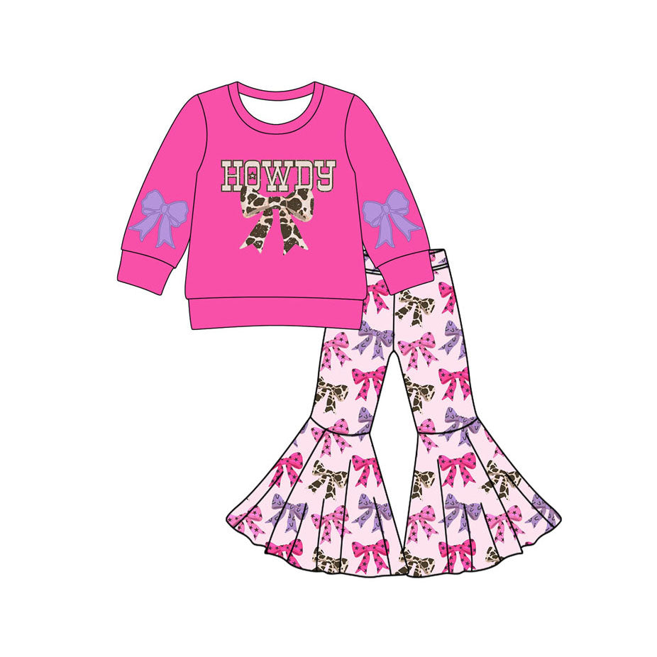 ( Moq 5 ) Preorder Baby Girl Long Sleeves Howdy Pink Shirt Bows Pants Western Set
