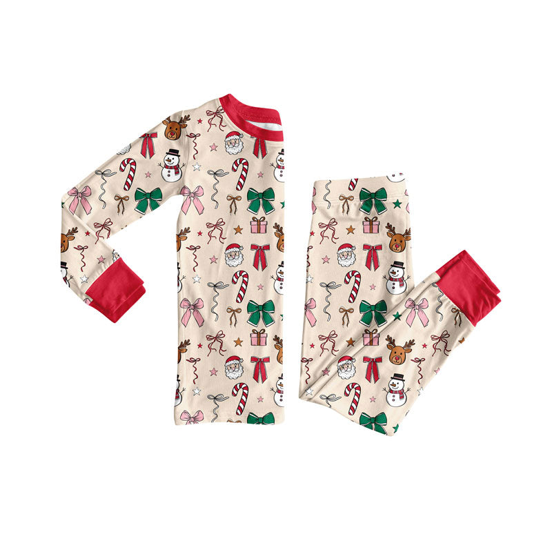 ( Moq 5 ) Preorder Baby Girl Long Sleeves Snowman Santa Bows Christmas Shirt Pants Pajamas Set