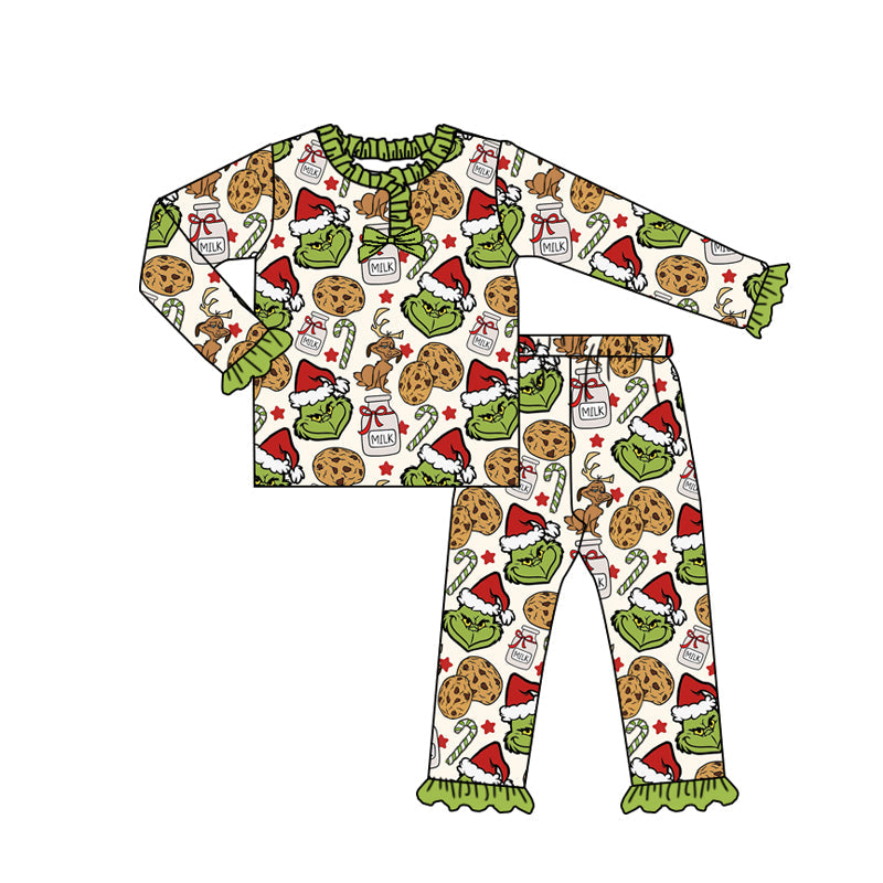 ( Moq 5 ) Preorder Baby Girl Long Sleeves Green Face Cookies Christmas Shirt Pants Pajamas Set