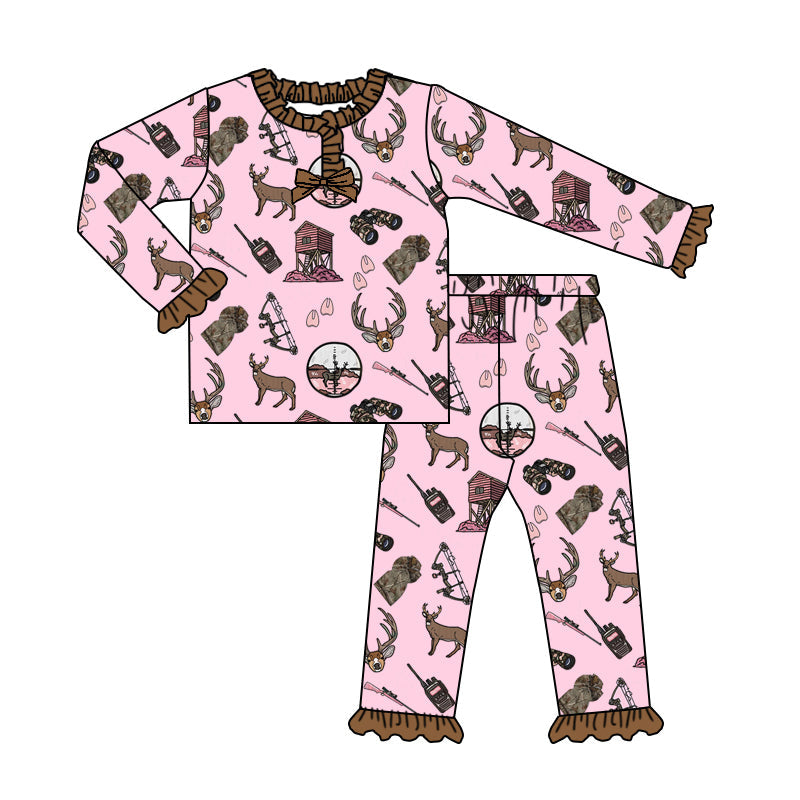 ( Moq 5 ) Preorder Kids Girl Long Sleeves Deer Dogs Hunting Shirt Pants Pink Pajamas Set