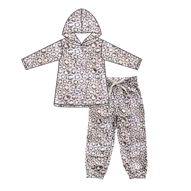 ( Moq 5 ) Preorder Kids Girls Long Sleeves Leopard Hoodie Shirt Pants Set