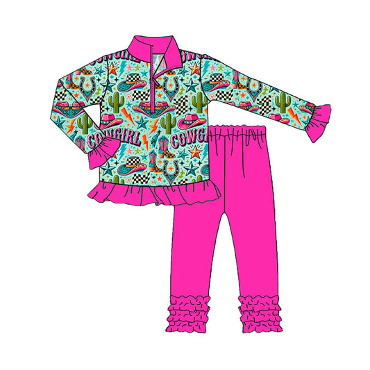 ( Moq 5 ) Preorder Girls Kids Long Sleeves Cowgirl Cactus Hats Zipper Shirt Pants Western Set