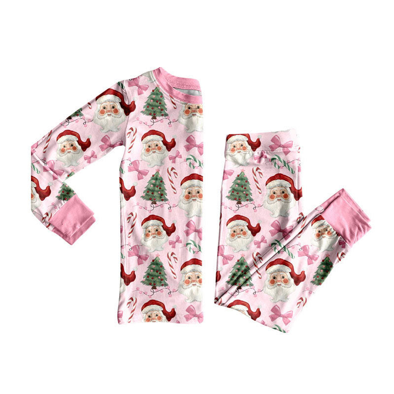 ( Moq 5 ) Preorder Baby Girl Long Sleeves Santa Bows Tree Shirt Pants Pink Pajamas Christmas Set