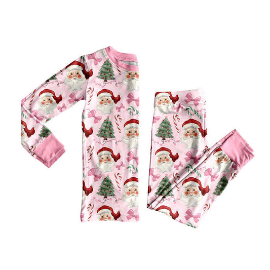 ( Moq 5 ) Preorder Baby Girl Long Sleeves Santa Bows Tree Shirt Pants Pink Pajamas Christmas Set