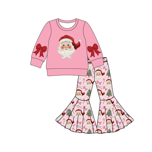 ( Moq 5 ) Preorder Baby Girl Long Sleeves Santa Pink Shirt Bows Tree Pants Christmas Set