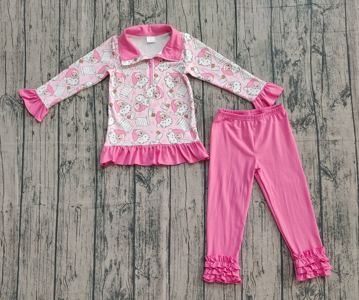 Baby Girl Long Sleeves Santa Cookies Zipper Shirt Pink Pants Christmas Set RTS