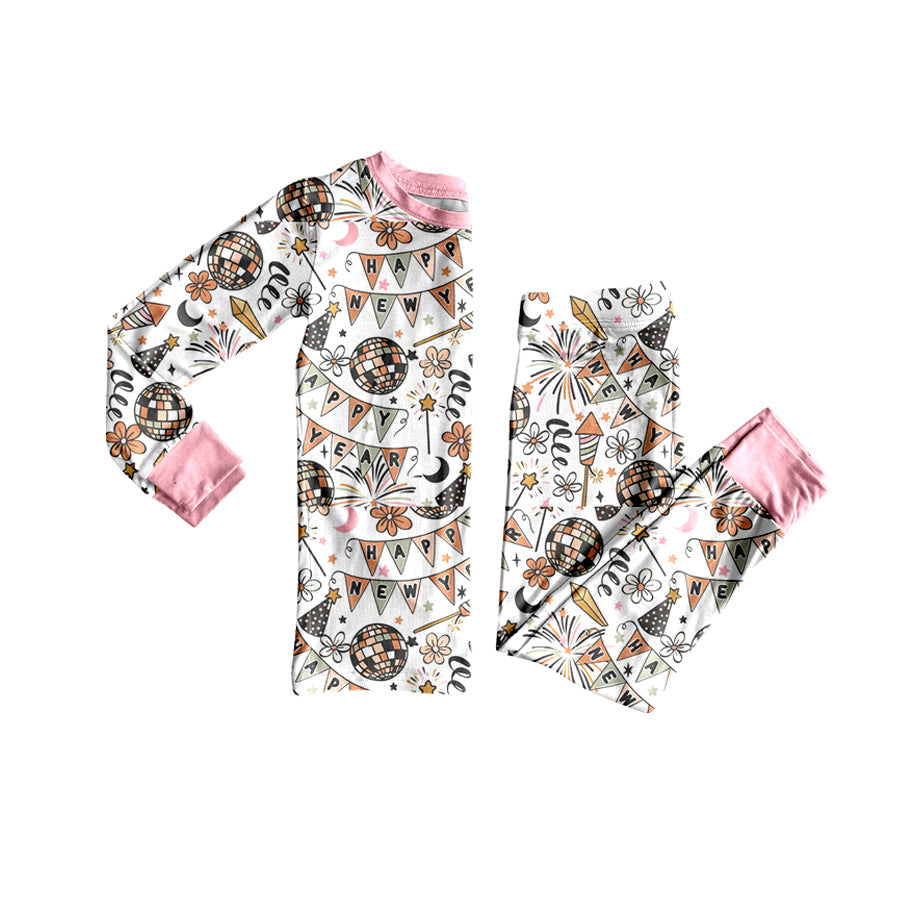 ( Moq 5 ) Preorder Kids Girls Long Sleeves Happy New Year Shirt Pants Pajamas Set