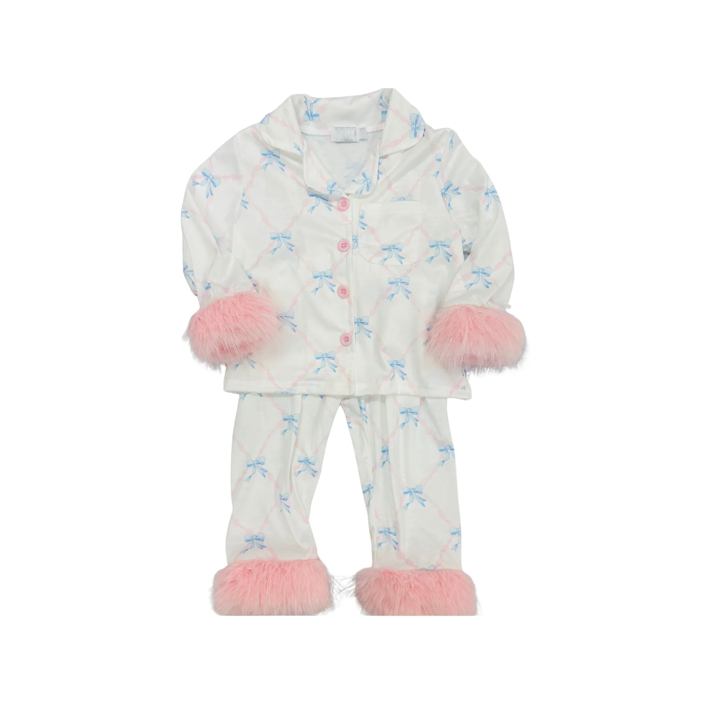( Moq 5 ) Preorder Baby Girl Fur Long Sleeves Blue Bows Buttons Shirt Pants Pajamas Clothes Set