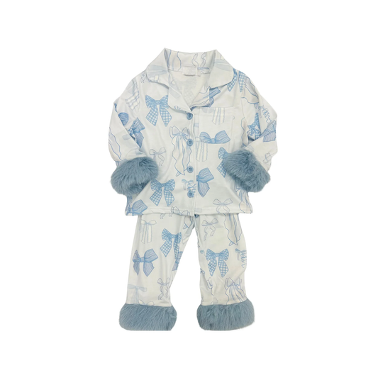 ( Moq 5 ) Preorder Baby Girl Blue Fur Long Sleeves Bows Buttons Shirt Pants Pajamas Clothes Set