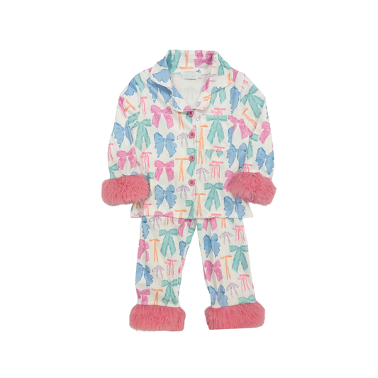 ( Moq 5 ) Preorder Baby Girl Fur Long Sleeves Colorful Bows Buttons Shirt Pants Pajamas Clothes Set
