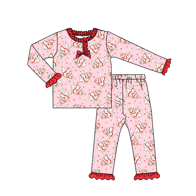 ( Moq 5 ) Preorder Girls Kids Long Sleeves Cake Trees Bow Shirt Pants Christmas Pink Pajamas Set