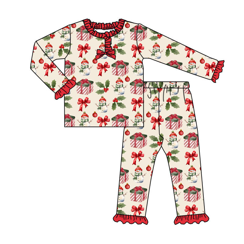 ( Moq 5 ) Preorder Girls Kids Snowman Bows Christmas Shirt Pants Pajamas Set