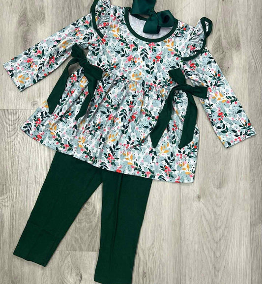 ( Moq 5 ) Preorder Girls Kids Long Sleeves Bows Floral Tunic Green Pants Clothes Set