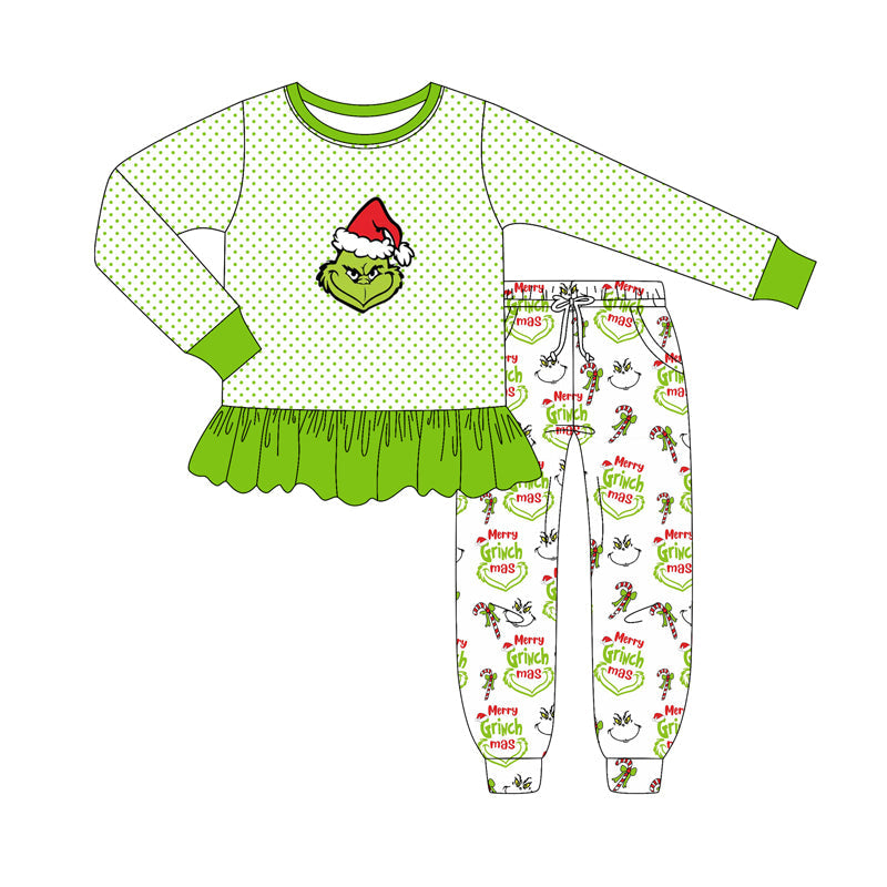 ( Moq 5 ) Preorder Girls kids Green Face Dots Shirt Pockets Pants Christmas Clothes Set