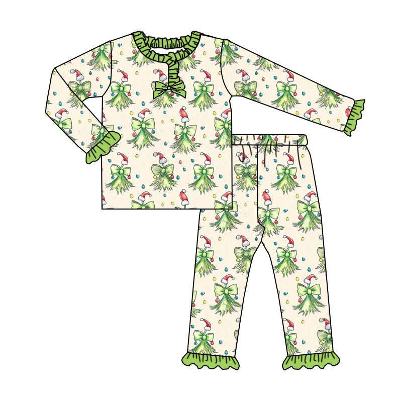 ( Moq 5 ) Preorder Girls Kids Long Sleeves Green Bows Shirt Pants Pajamas Set
