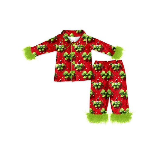 ( Moq 5 ) Preorder Girls Kids Fur Long Sleeves Bows Buttons Shirt Pants Pajamas Set