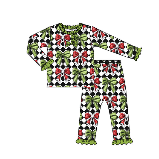 ( Moq 5 ) Preorder Baby Girl Bows Plaid Shirt Pants Pajamas Christmas Green Clothes Set