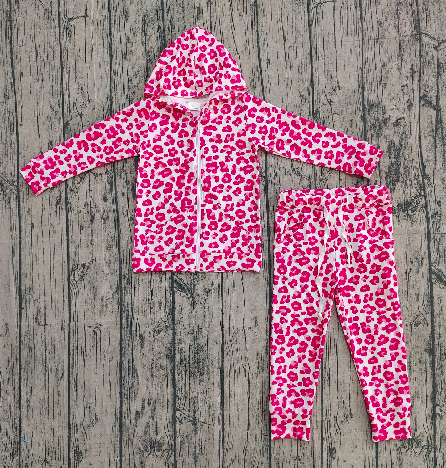 Girls Kids Long Sleeves Pink Leopard Hoodie Zipper Shirt Pockets Pants Clothes Set RTS