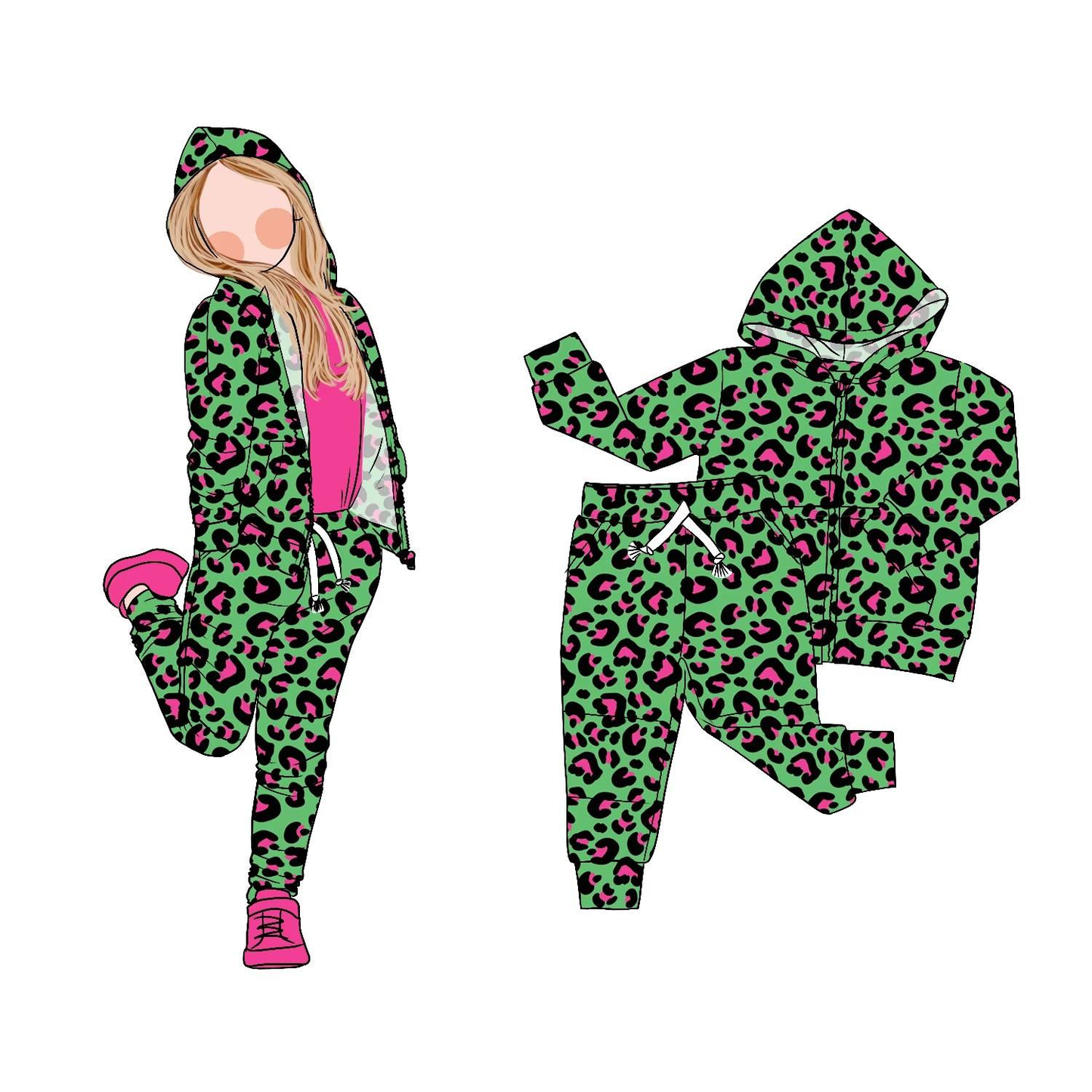 ( Moq 5 ) Preorder Girls Kids Green Leopard Hoodie Zipper Shirt Pockets Pants Clothes Set