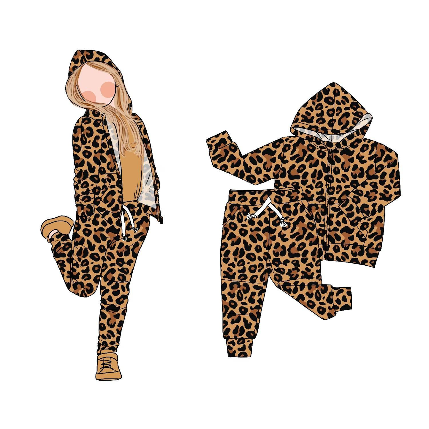 ( Moq 5 ) Preorder Girls Kids Brown Leopard Hoodie Zipper Shirt Pockets Pants Clothes Set