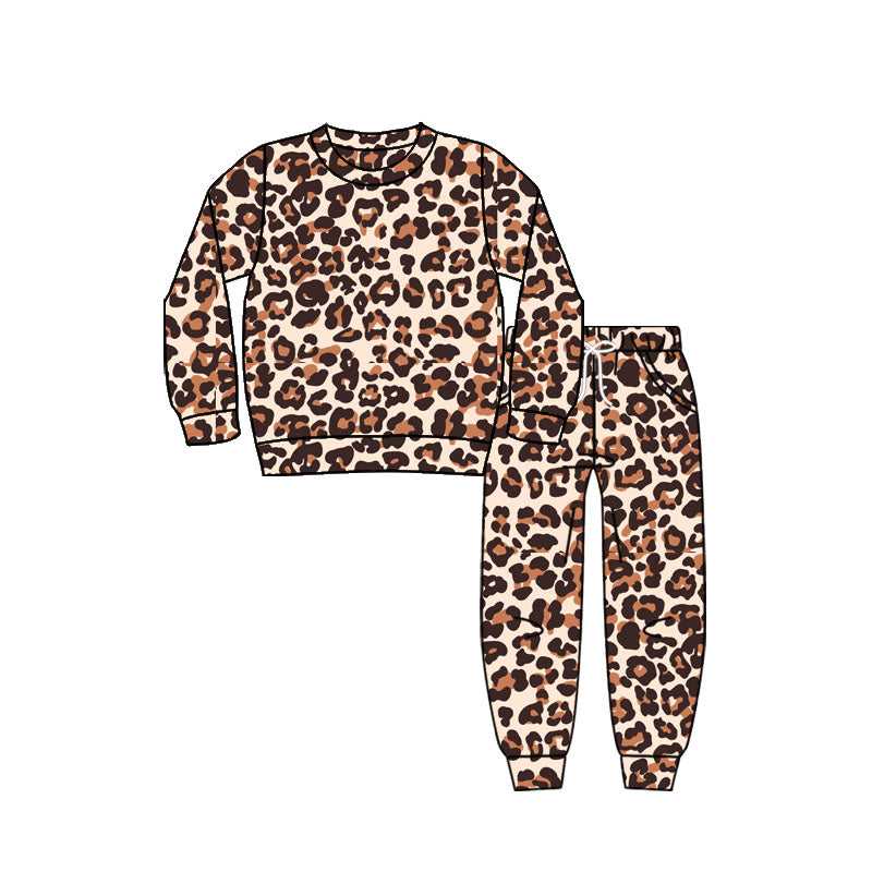 ( Moq 5 ) Preorder Girls Kids Long Sleeves Leopard Shirt Pockets Pants Clothes Set