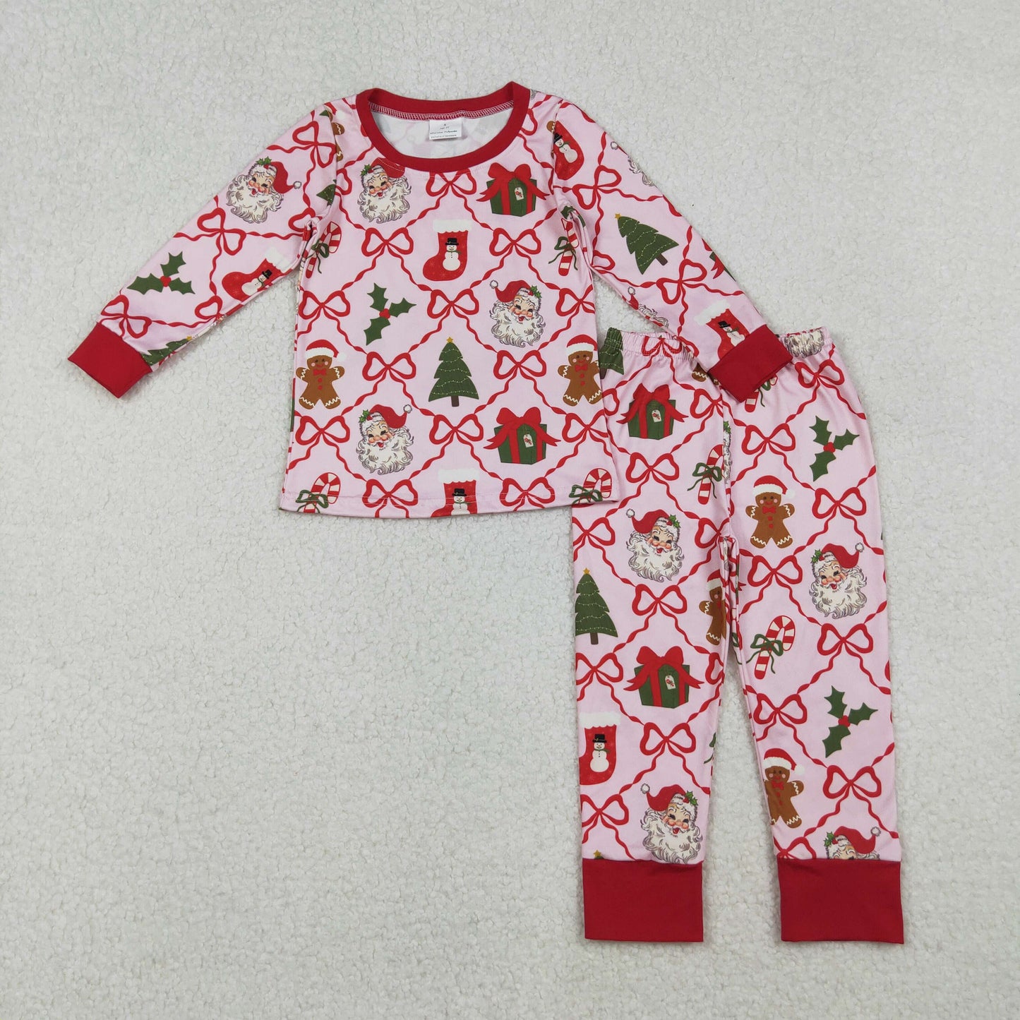 Sibling Baby Girls Bows Santa Socks Checked Top Pants Christmas Pajamas Sets Zipper Rompers