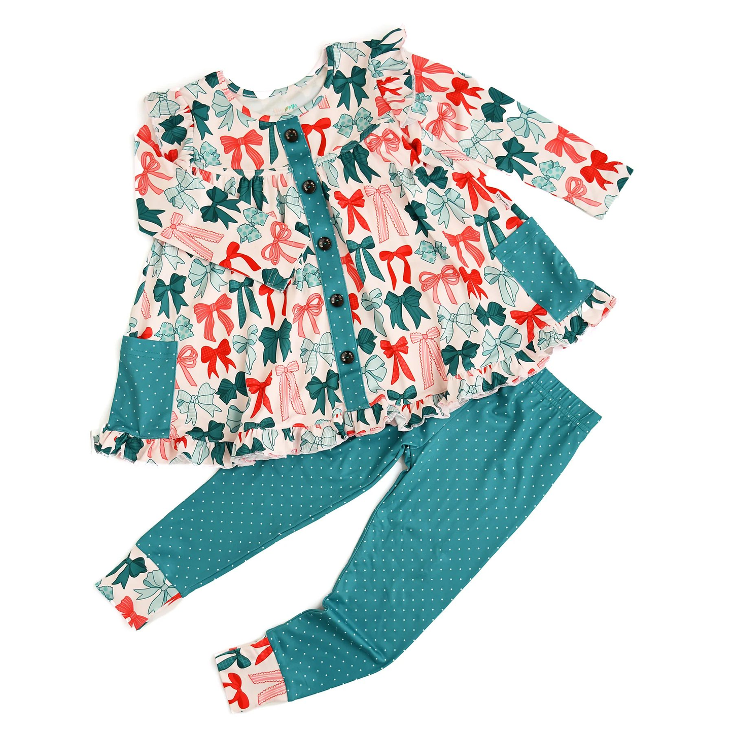 (Moq 5 ) Preorder Girls Kids Christmas Bows Pockets Tunic Green Pants Clothes Set