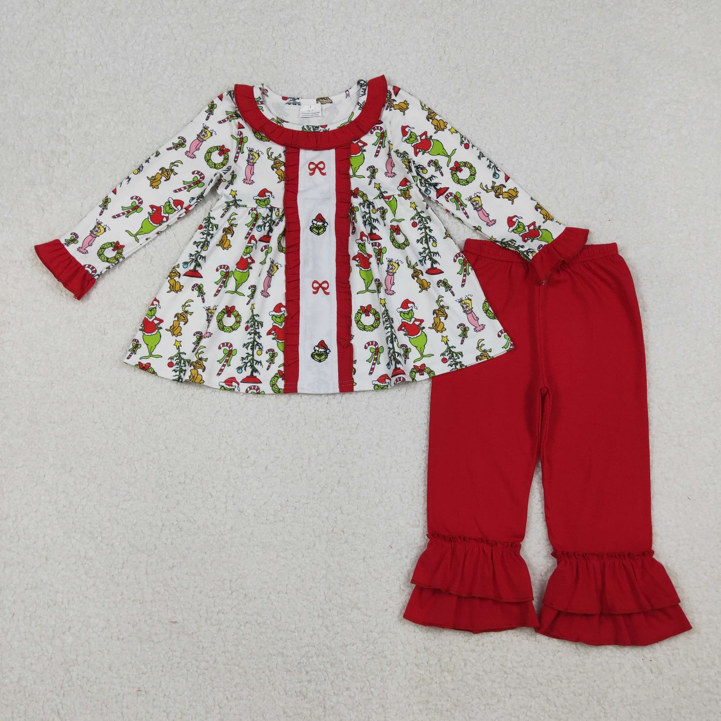 Sibling Girls Kids Embroidery Green Face Bows Christmas Romper Dress Set Clothes RTS