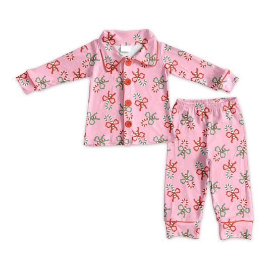 ( Moq 5 ) Preorder Girls Kids Candy Cane Bows Christmas Buttons Shirt Pants Pajamas Clothes Set