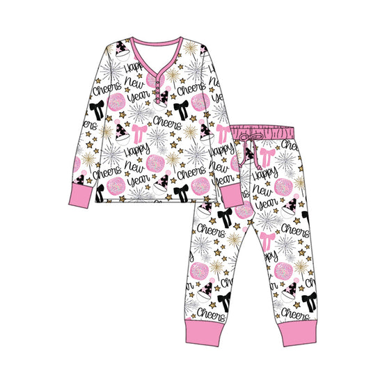 ( Moq 5 ) Preorder Adult Woman Happy New Year Bows Shirt Pants Pajamas Clothes Pink Set