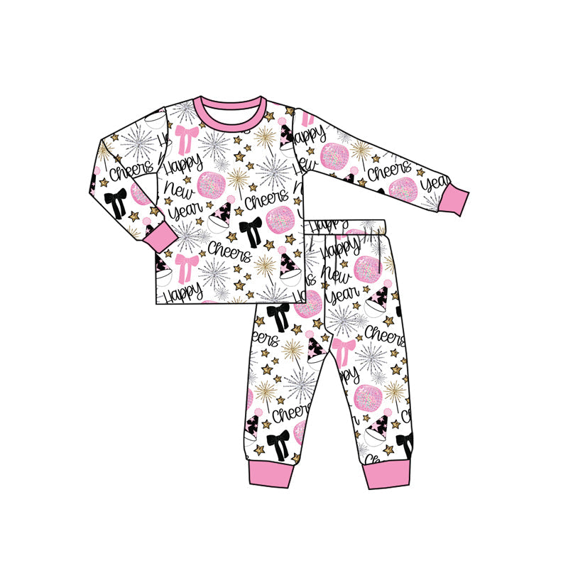 ( Moq 5 ) Preorder Girls Kids Happy New Year Bows Shirt Pants Pajamas Clothes Pink Set