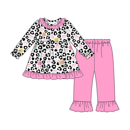 ( Moq 5 ) Preorder Girls Kids Hearts Leopard Tunic Pink Ruffle Pants Valentine's Day Clothes Set